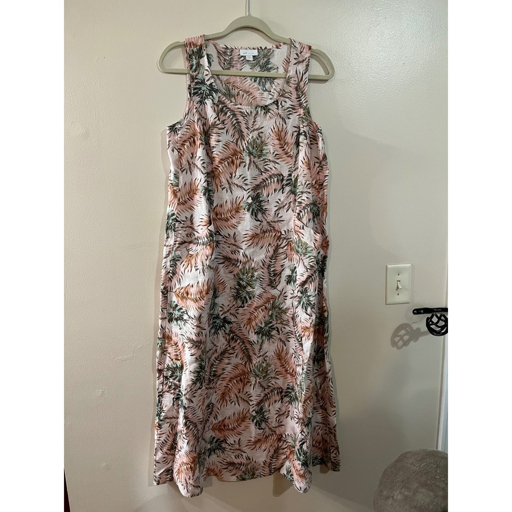 J Jill Love Linen Tropical Palm Leaf Linen Dress Sleeveless Hawaiian Beach Sz PS